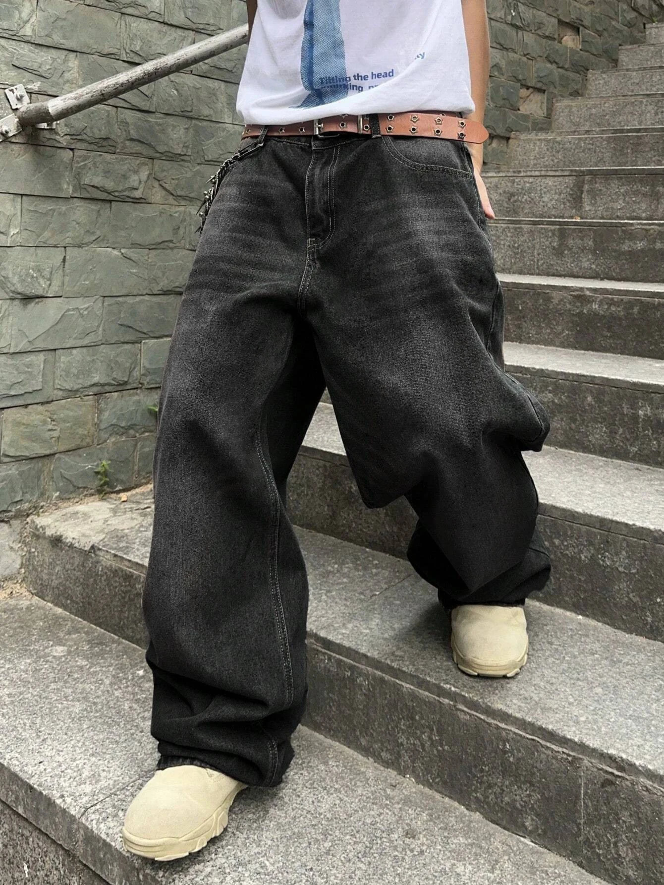 1Pc Mens Daily Travel Casual American Street Loose Jeans Black Light Blue Sea Blue Fashion Street Style Retro Lantern Jeans Denim Pants 250617