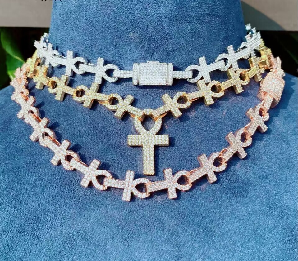 New Arrivals Hiphop Jewelry Iced Pass Test 925 Silver Rhodium/Gold/Rose Gold 16mm Cross Necklace Vvs Moissanite Cuban Link Chain