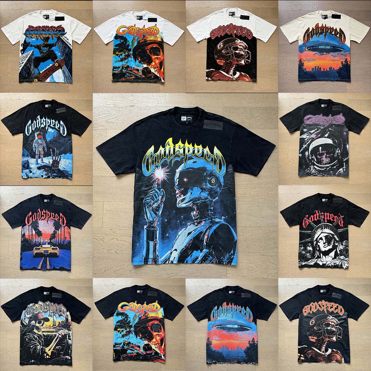 Free shipping godspeed shirts, designer men's t-shirts, printed beach hip-hop fabrics, cotton street colors, graffiti, washed letters, printed casual streetwear