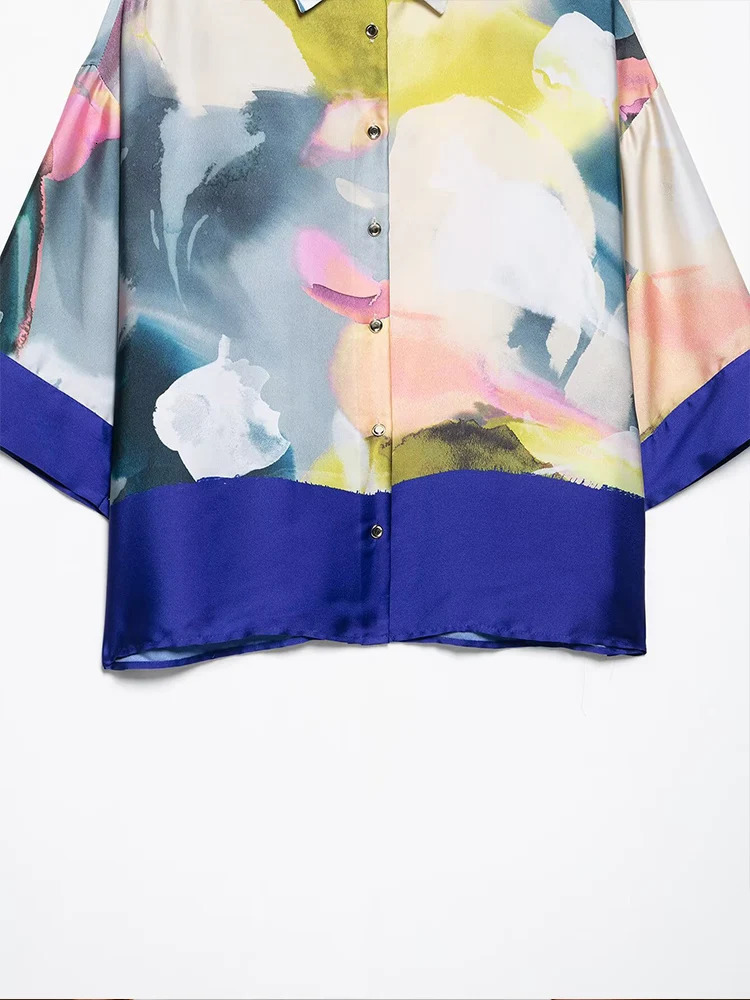 European and American style spring fashion womens clothing printed silk satin texture lapel casual longsleeved shirt 250617