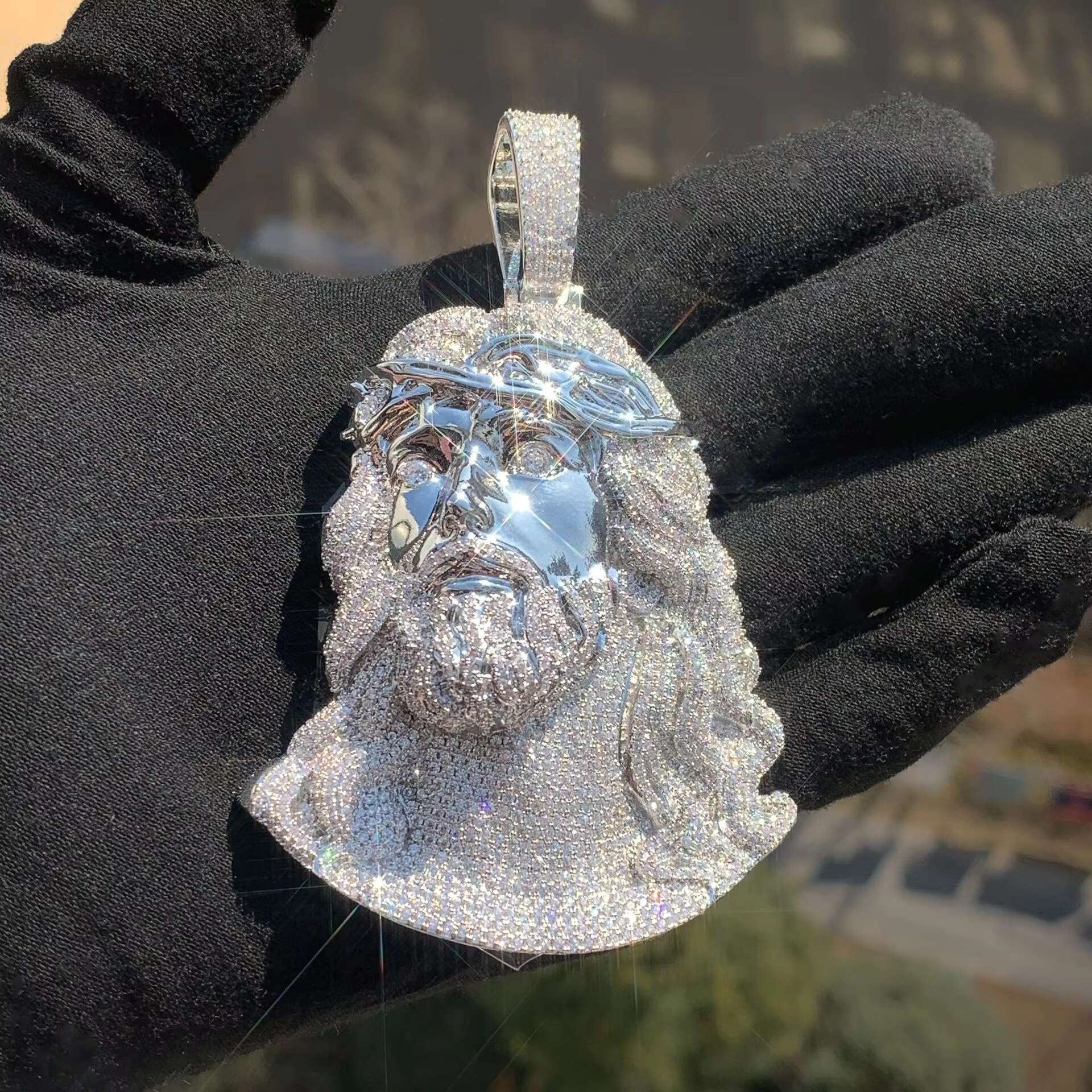Two Tone Huge Spooky Silver Jesus Face Head Zircon Crown Charm Jumbo Pendant Cubic Zirconia Necklace