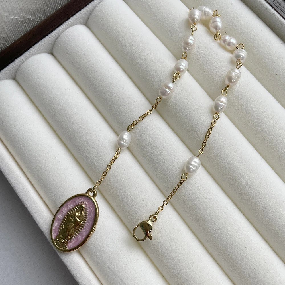 Natrual Pearls Beads Rosary Bracelet with Gold Color Stainless Steel Chain Virgin Mary Charm Spiritual Jewelry for Women gift 250617