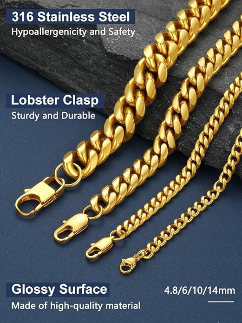 ChainsPro Men Chunky Miami Cuban Chain Necklace, Custom Available, 4.8/6/10/14mm Width, 18/20/22/24/26/28/30inch Length, Gold Plated/Stainless Steel/B