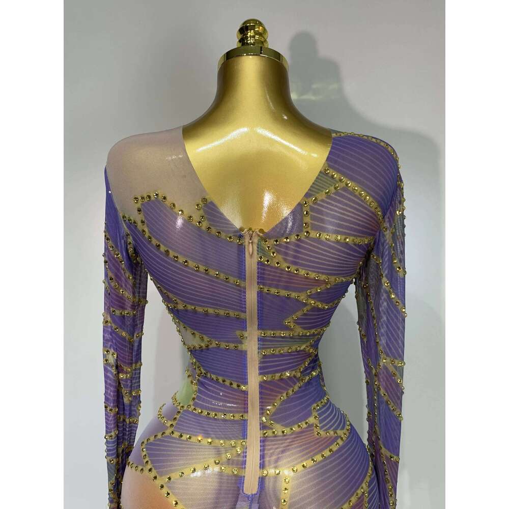 Sparkly Rhinestone Stretchy Mesh See Through Dress Women 2025 Performance Dancer Costume Birthday Nightclub Stage Outfit