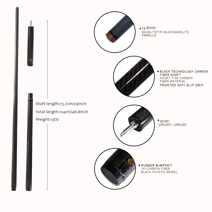 OKHEALING 3 Pieces Carbon Fiber Cue Stick Jump Pool Cue with Extension Bakelite 13.8mm Tip Uni-loc/3 Teeth Joint 1240mm/48.8inch Weight 13oz Black Bil