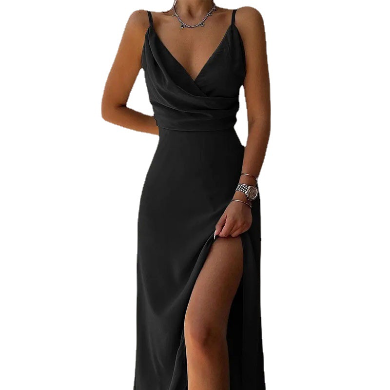 P619European and American women's clothing 2025 summer suspender V-neck slit print dress