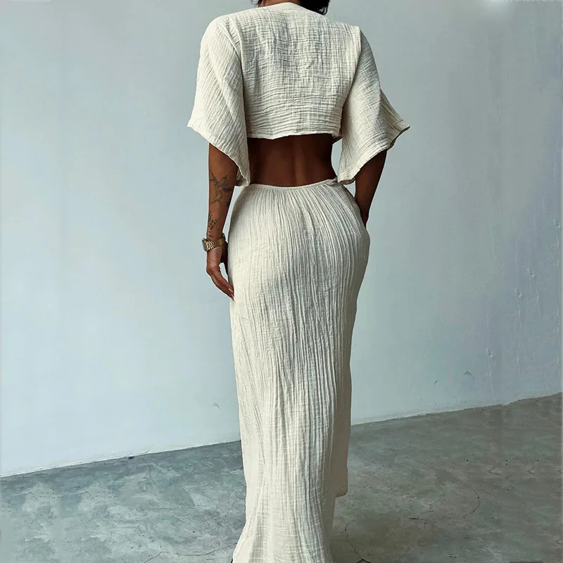 Solid Cotton Linen Dresses Women Sexy Spring V Neck Hollow Out Long Dress Summer Backless Batwing Sleeve Slim Party Robe Femme 250618