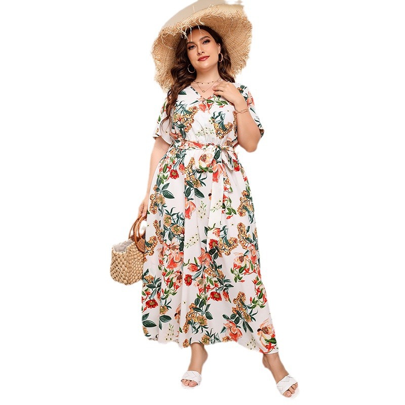 O618Large Size Loose V-Neck Dress Women's Elastic Waist Short Sleeve Printed Long Skirt