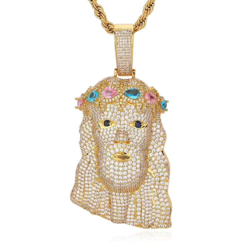 Huge Spooky Sier Icy Jesus Head Zircon Color Gem Crown Charm Iced Out Jumbo Pendant Cubic Zirconia Necklace