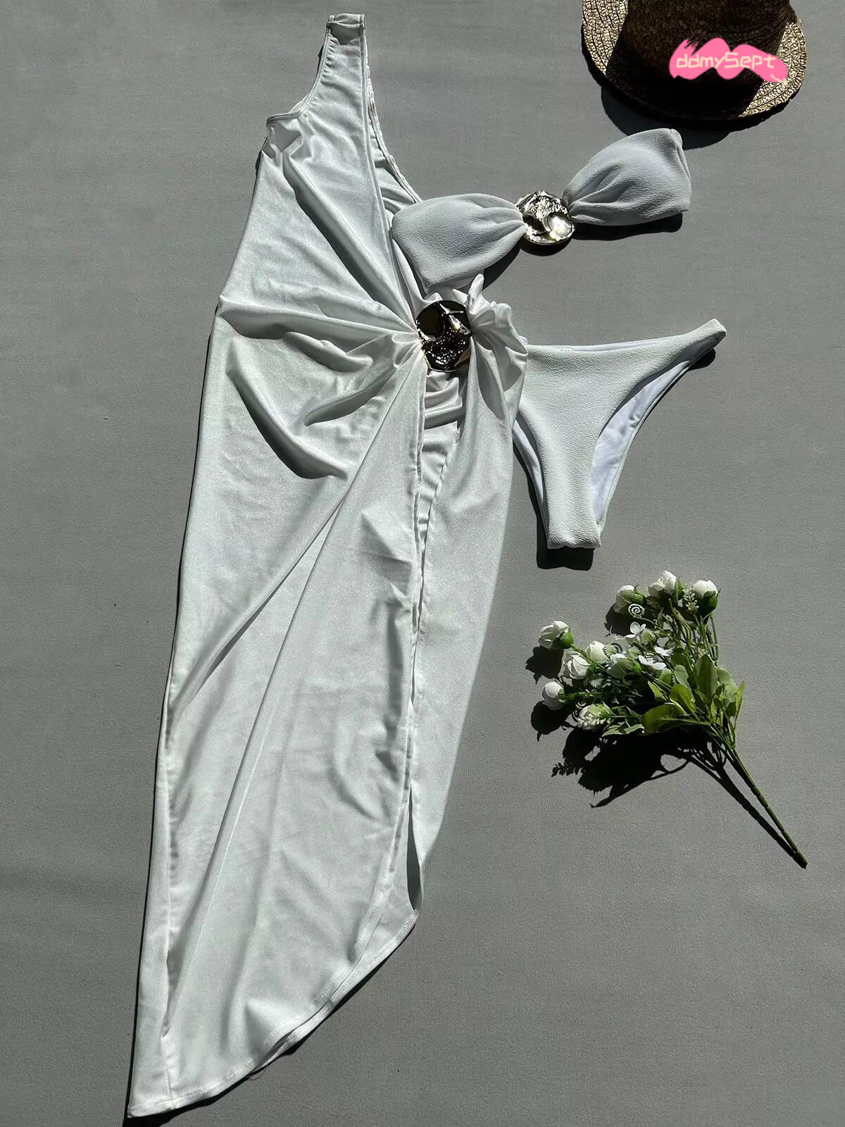 Soldi Color White 3 Piece Swimsuit for Women Sexy Mesh Single Shoulder Robe Cover-ups Bikini Set Strapless Bathing Suit 2025 New ddmysept