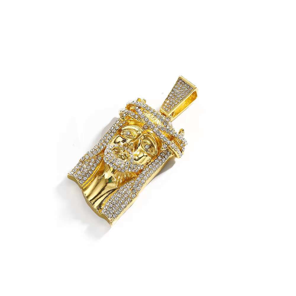 European American Mens Stylish Gold Plated Hip-Hop Necklace Exaggerated Alloy Rhinestone Chains Number Pattern JESUS MAN Face