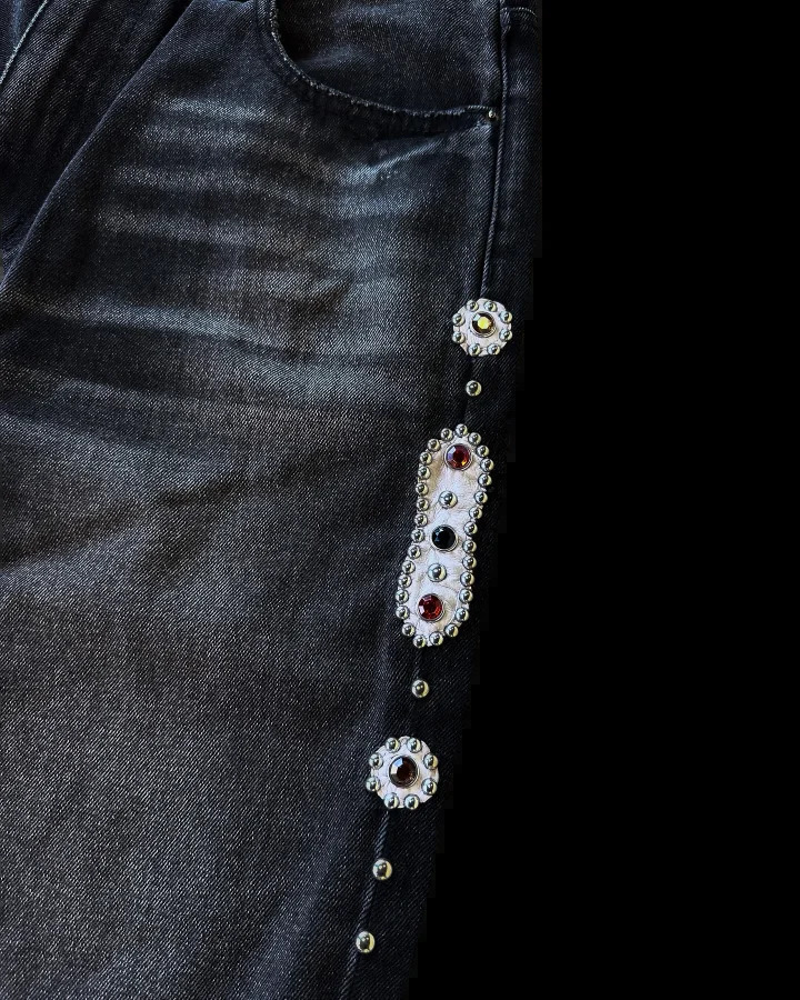 Sorrows Rhinestone Embellished Black Jeans Y2k Punk Vintage Black Streetwear Baggy Wide Leg Jeans Men Women Ripped Denim Pants 250617