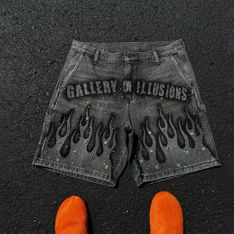 Y2K Vintage Distressed Jeans Flame Pattern Rhinestone Decoration High Waist Denim Shorts Fashion Men Women Hip Hop Streetwear 250617