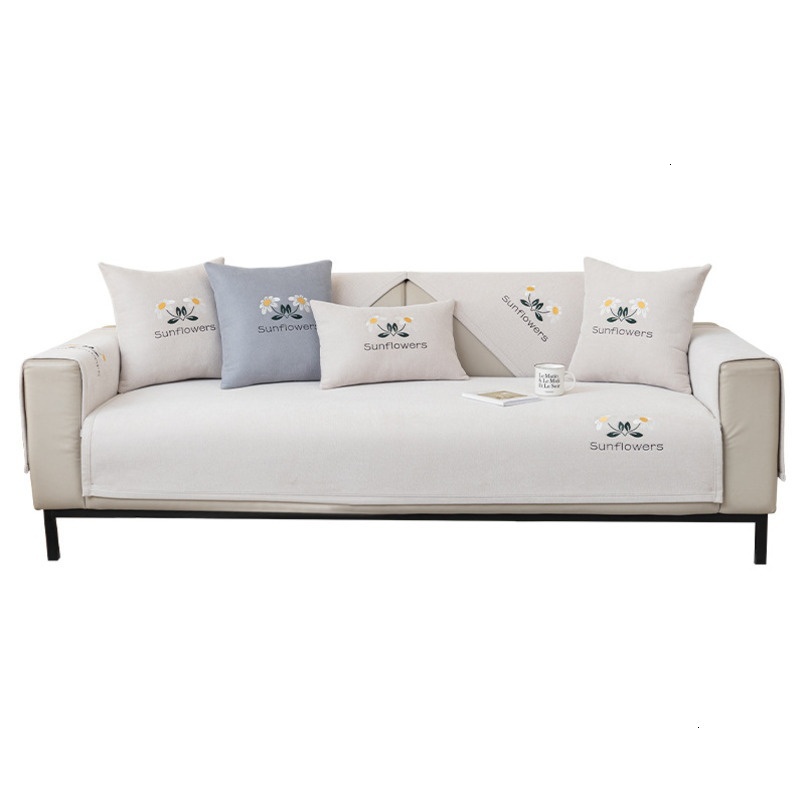 White Chenille All-Season Non-Slip Seat Cushion Light Luxury Embroidered Leather Sofa Cover Slipcover Soft Pack