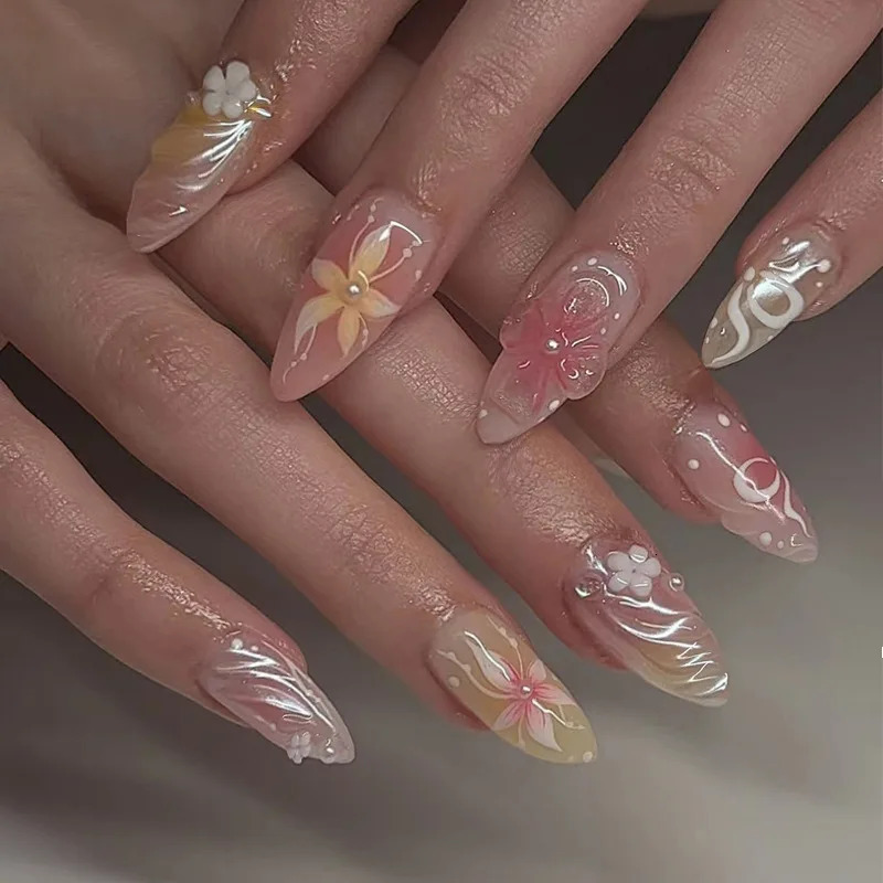 24pcs Almond False Nails Tips Summer Beach Colorful Nails Sets with Pearl Flower n Press on Nails Art Wearable Fake Nail 250611