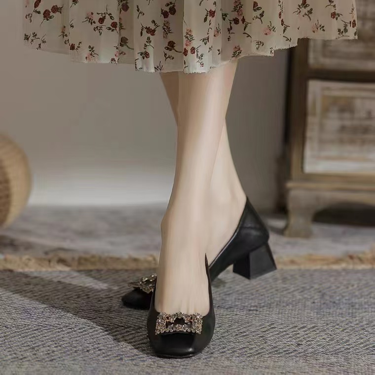 crystal square buckle med-high heels shoes woman new designer leather knitting pumps metal heeled tacones mujer plus