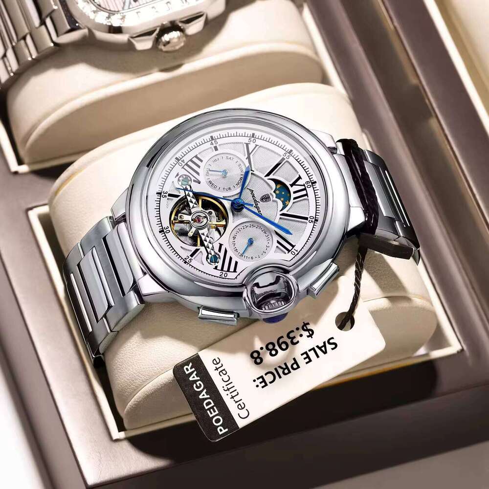 DHgadgets 1413 Luxury Skeleton Tourbillon Automatic Mechanical Waterproof Luminous Stainless Steel Men's Watch
