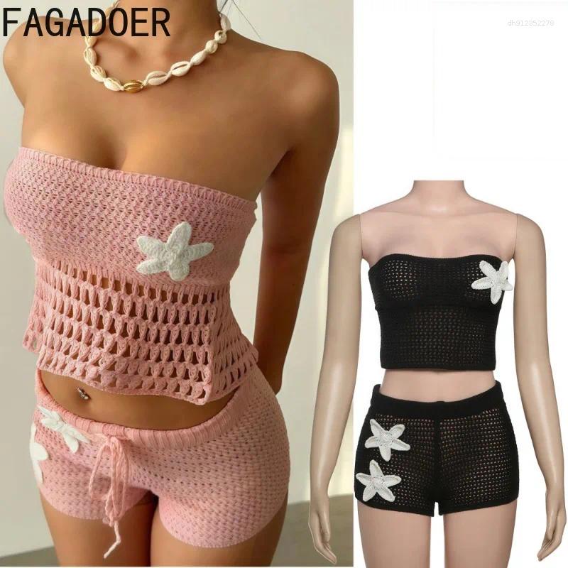 Women's Tracksuits FAGADOER Sexy Knitted Flower Hollow Out 2 Piece Sets Woman Outfit Sleeveless Backless Tops Shorts Suits Female Streetwear