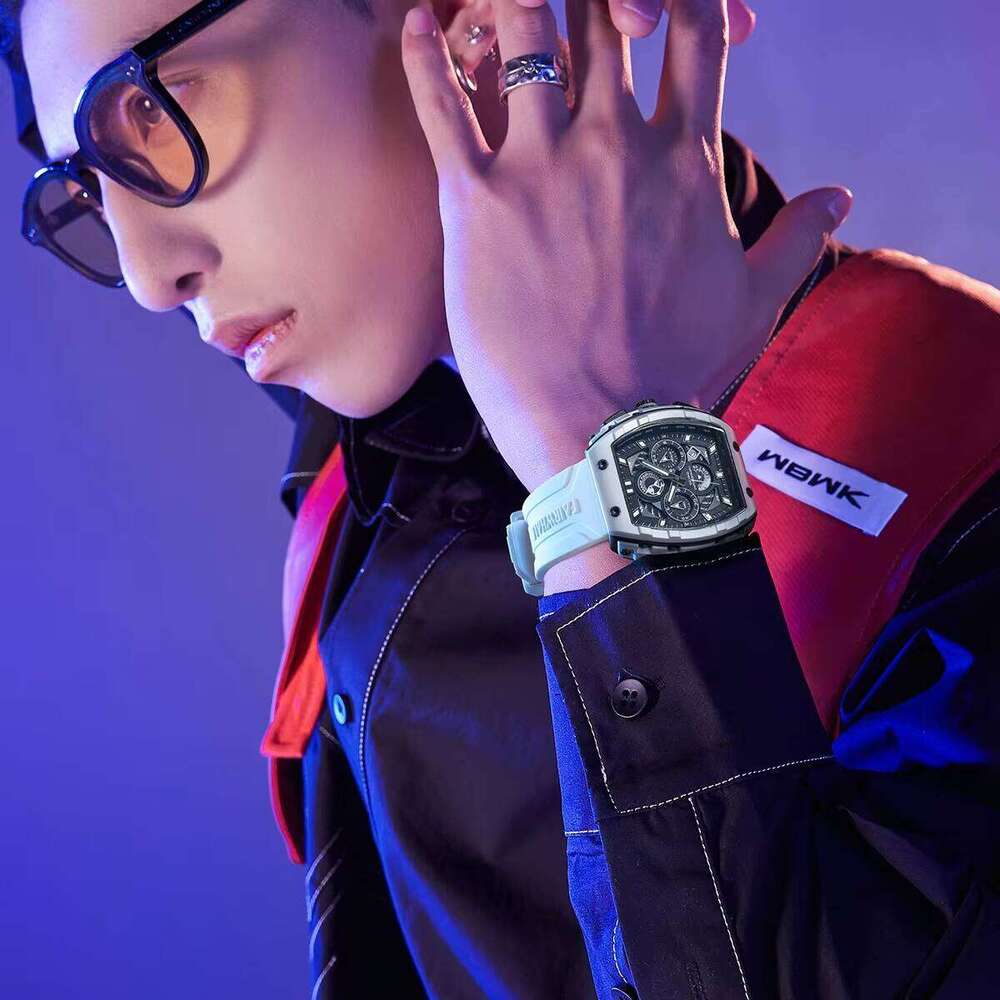 DHgargets Mark Fairwhale Men's Multifunctional Quartz Watch 45mm Barrel Dial Wristwatch with Silicone Strap Steel Case Casual Sports Charm