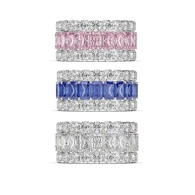 Elegant Moissanite Ring 925 Sterling Silver Band Featuring White/Blue/Pink Gemstones