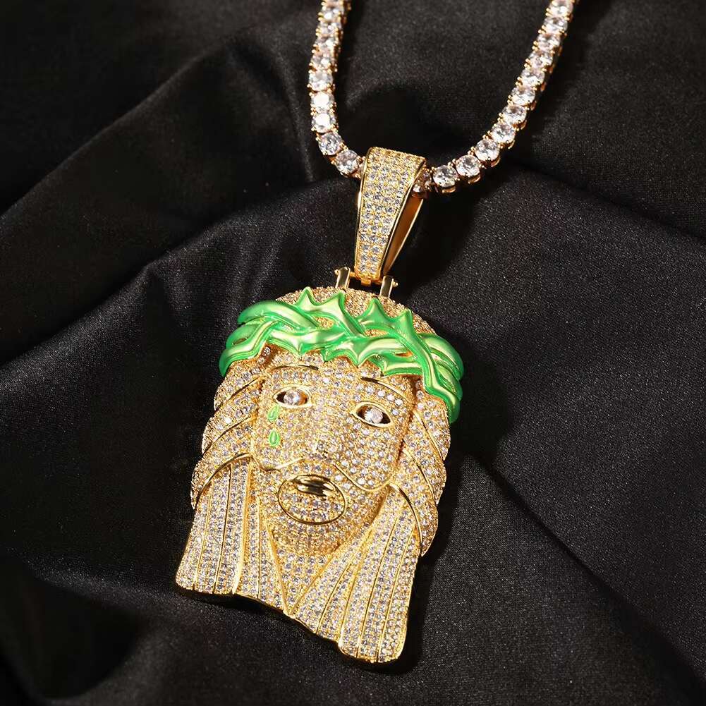 14k Gold Two Tone Huge Spooky Big Jesus Head Zircon Dark Glowing Tear Crown Charm Iced Out Jumbo Pendant Cubic Zirconia Necklace