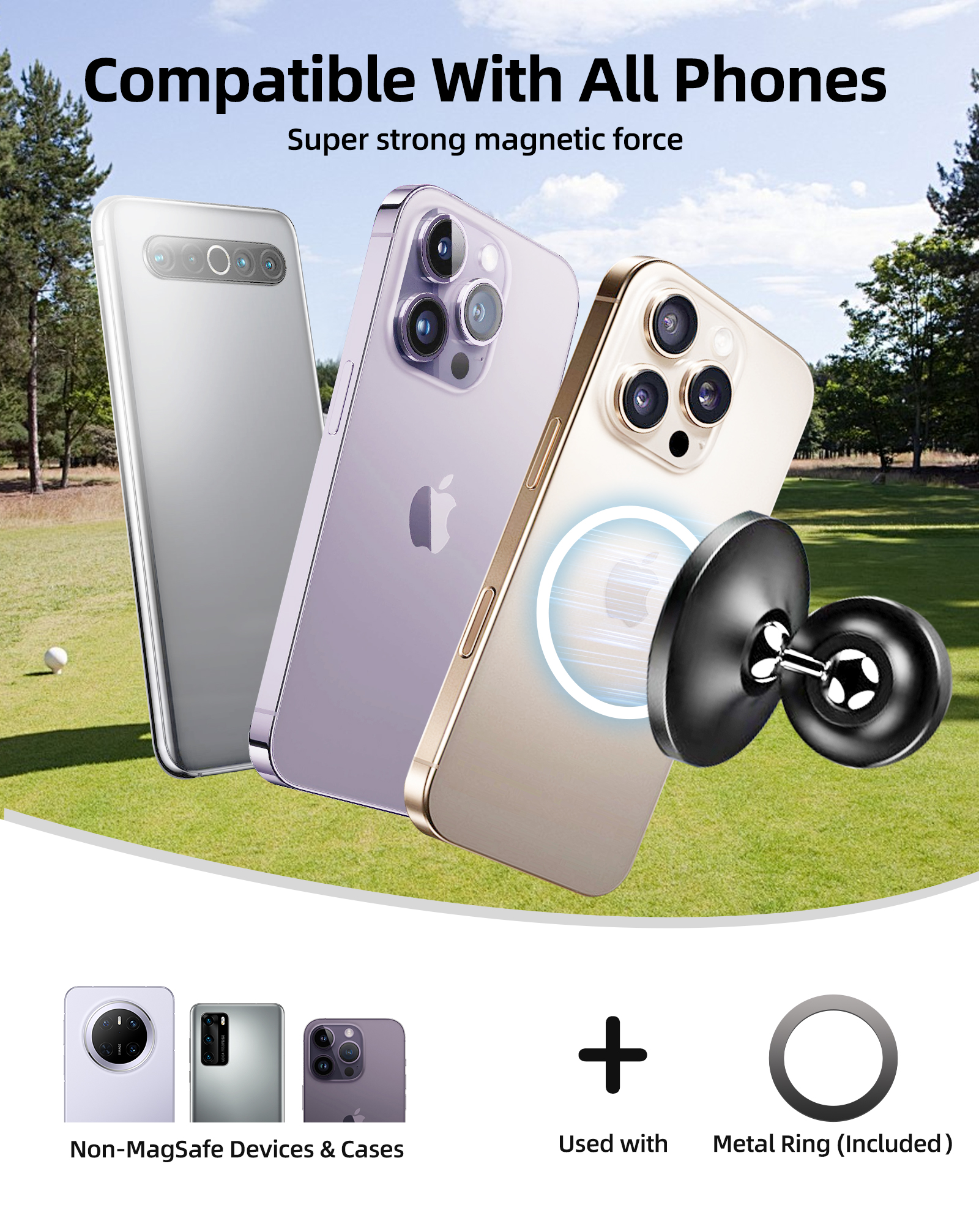 Magnetic Phone Holder for Golf Cart, 360 Adjustable Phone Mount with Ultra-Strong Magnet, All-Metal Cell Phone Mounts for Car Accessories, Samsung,924