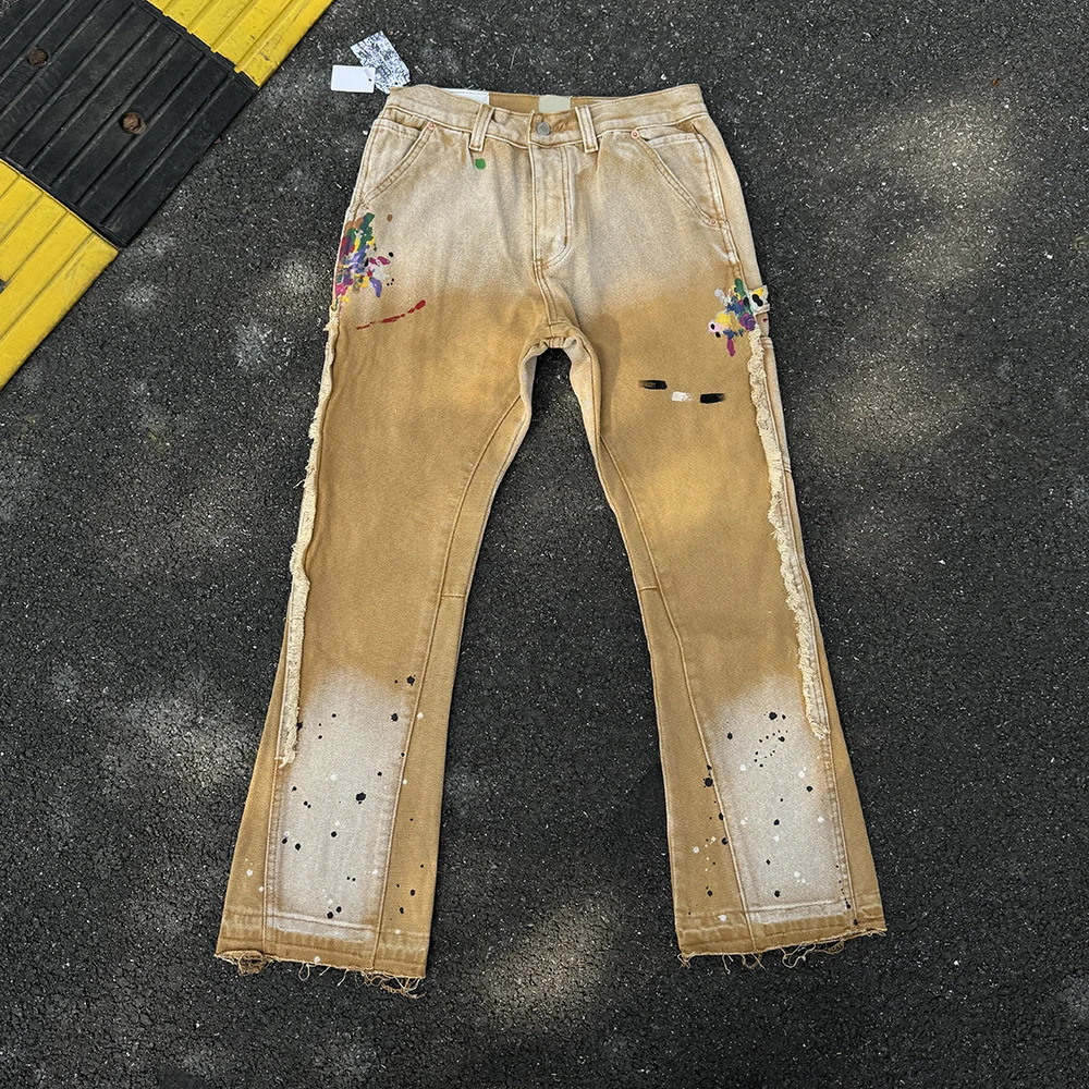 Retro Streetwear Splashed Ink Spliced Baggy Jeans Los Angeles Trendy Tid Die Denim Trousers Men Women Vintage Denim Pants 250617