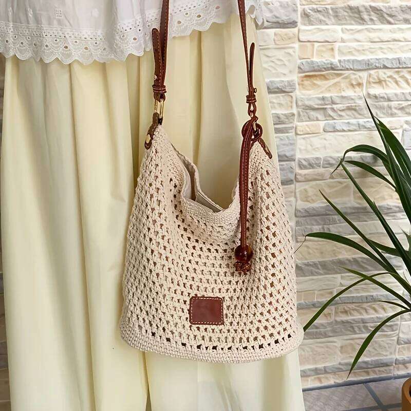 Women's Bags Designer New Summer Women's Woven Crochet Tote Beach Vacation Shoulder Bag Lightweight Cotton Linen Boho Hollow Out Purse