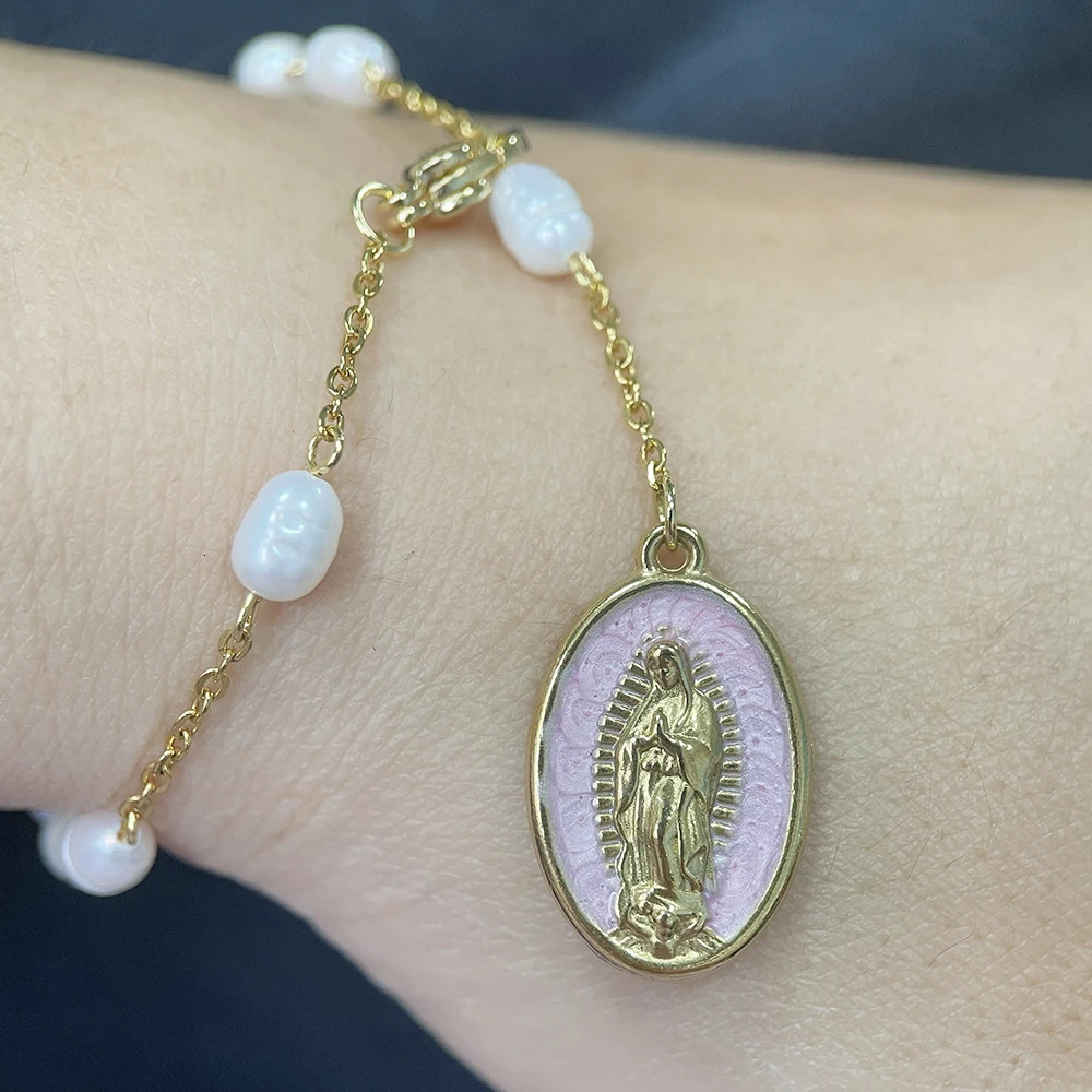 Natrual Pearls Beads Rosary Bracelet with Gold Color Stainless Steel Chain Virgin Mary Charm Spiritual Jewelry for Women gift 250617