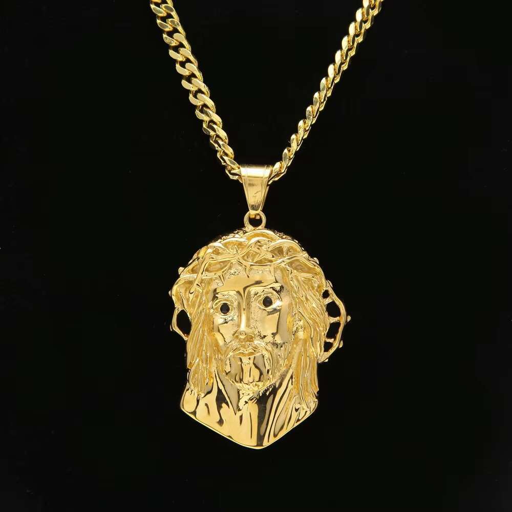 18k Gold Tone Steel Huge Spooky Big Jesus Head Black Zircon Charm Jumbo Pendant Cubic Zirconia Eye Jesus Necklace