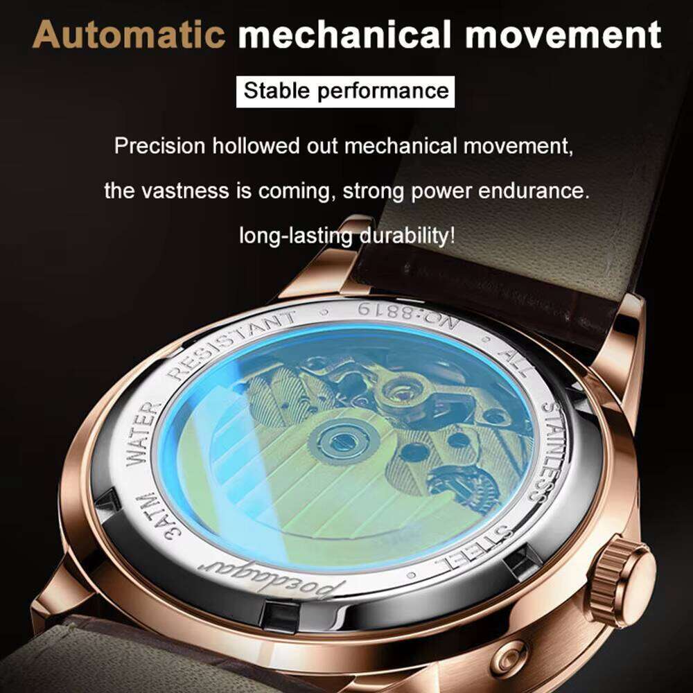 DHgargets Automatic Mechanical Tourbillon Business Casual Date&Week&Month Luminous Waterproof Leather Men Watch Hot Relojes