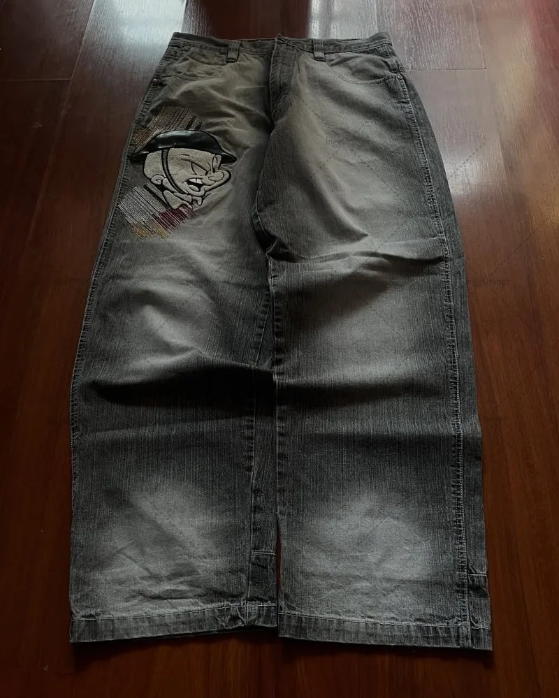 Washed High-waist Jeans Cartoon Embroidered Overszied Jeans Men Y2K American High Street Trendy Loose Floor Straight Pants 250617