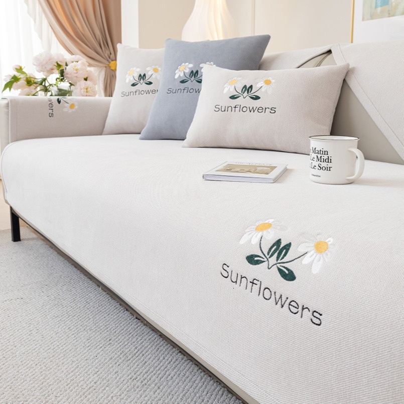 White Chenille All-Season Non-Slip Seat Cushion Light Luxury Embroidered Leather Sofa Cover Slipcover Soft Pack