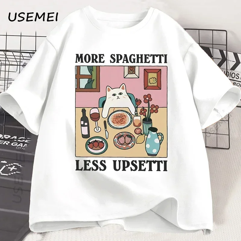 More Spaghetti Less Upsetti Cat T-Shirt Funny Cat Lover Tee Food Humor Graphic Top for Women Casual Loose Print Tee 2025 New