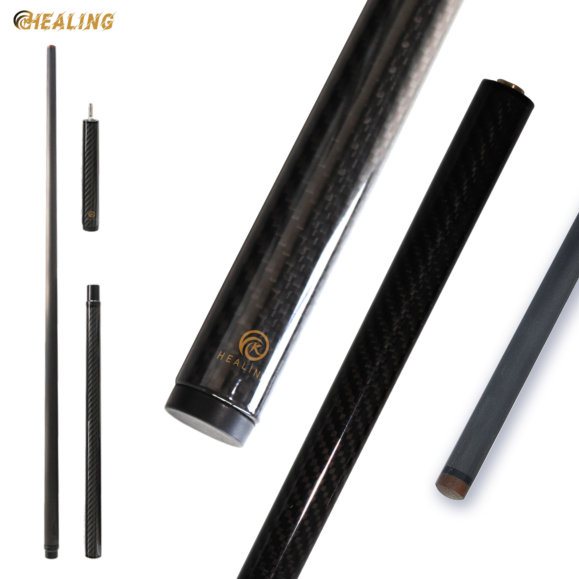 OKHEALING 3 Pieces Carbon Fiber Cue Stick Jump Pool Cue with Extension Bakelite 13.8mm Tip Uni-loc/3 Teeth Joint 1240mm/48.8inch Weight 13oz Black Bil