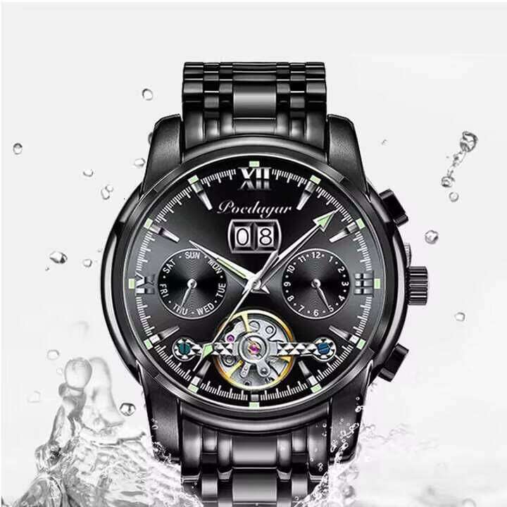 DHgargets Automatic Mechanical Tourbillon Business Wristwatch Hollow Waterproof Stainless Steel Men Watches Relojes Hombre