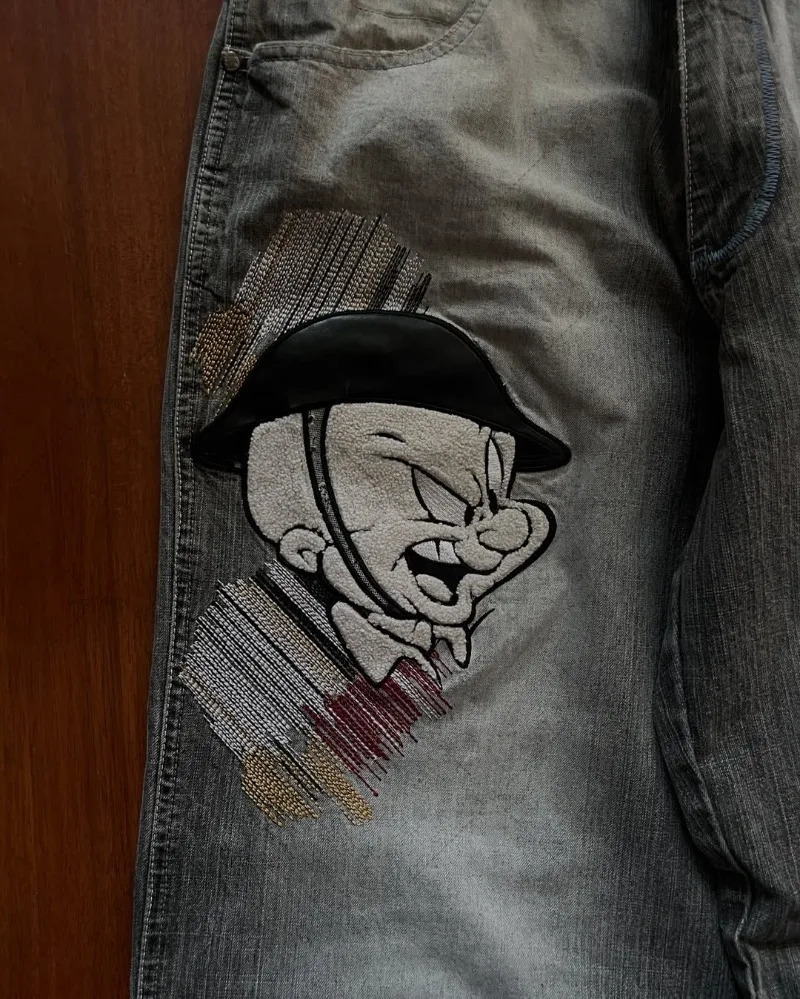 Washed High-waist Jeans Cartoon Embroidered Overszied Jeans Men Y2K American High Street Trendy Loose Floor Straight Pants 250617