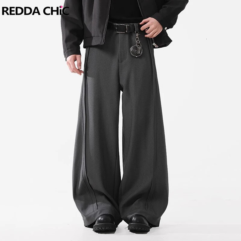 REDDACHiC Mens Pleated Silhouette Wide Leg Pants Unisex Casual Loose Clean Fit Barrel Plain Black Trousers Office Work Clothes 250619