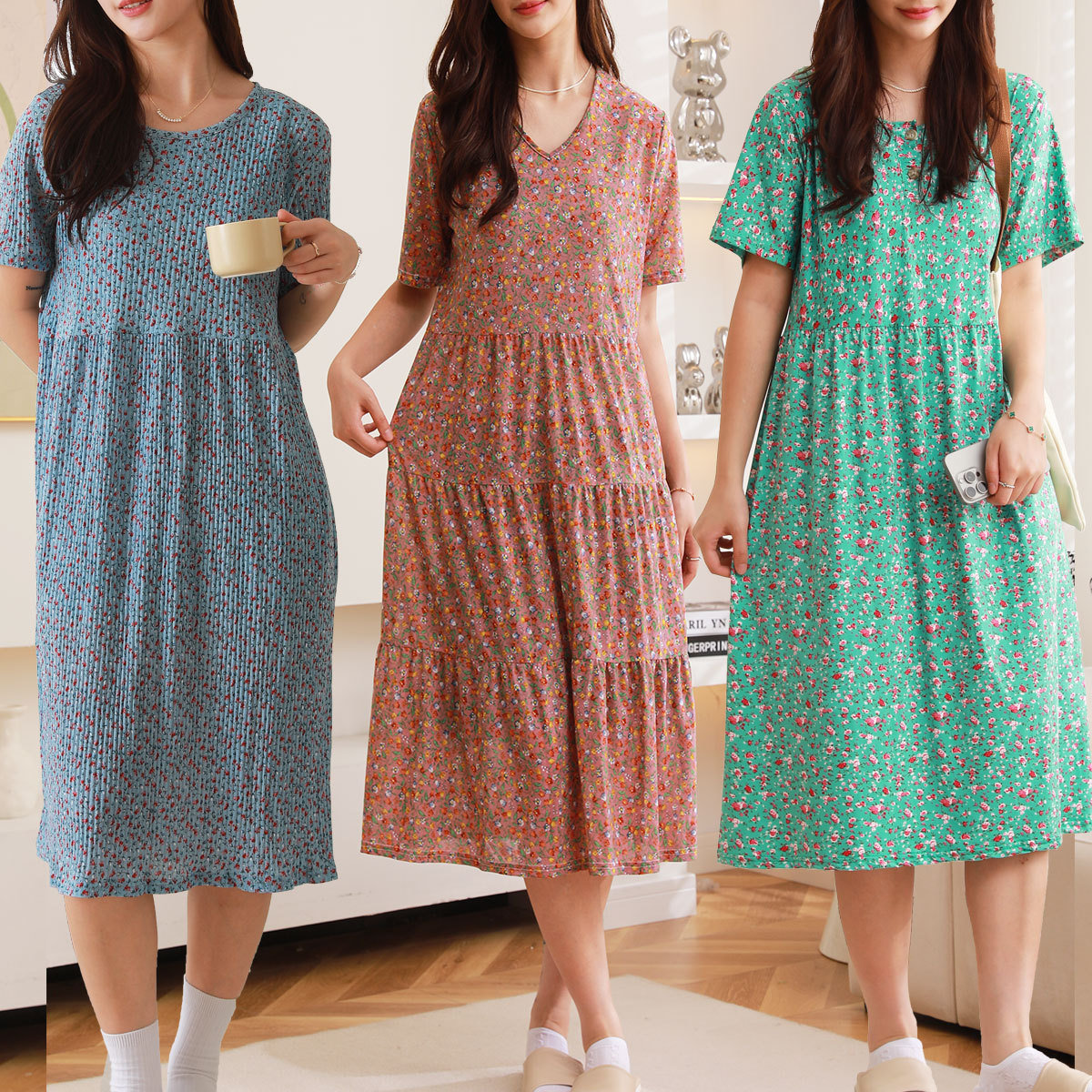019 Korean version of the dress round neck comfortable nightdress ladies leisure fresh pleated short sleeve floral dress slim long skirt