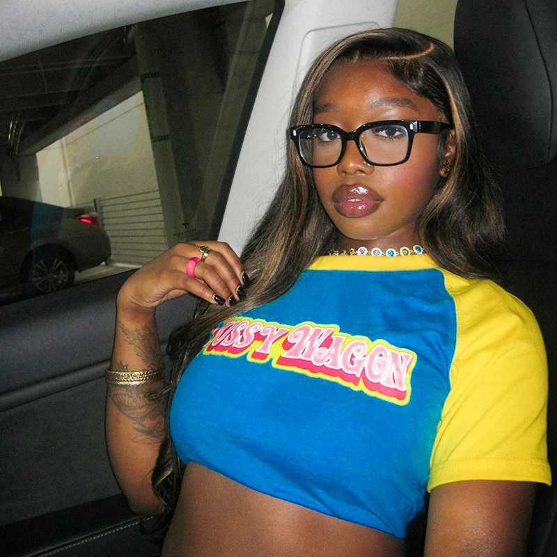 CUTENOVA Letter Printed Color Clashing Round Neck Pullover Spice Girls Short Halter Short Sleeve T-Shirt Tops For Y2K Girls Wear M250611