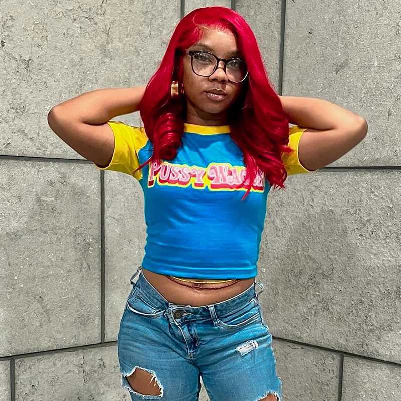 CUTENOVA Letter Printed Color Clashing Round Neck Pullover Spice Girls Short Halter Short Sleeve T-Shirt Tops For Y2K Girls Wear M250611