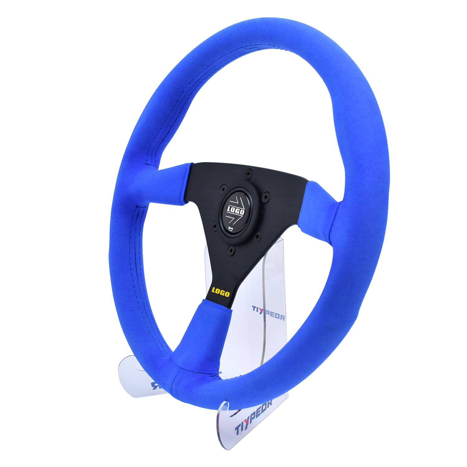 Universal 2025 New Design Custom High Quality Blue Suede 345mm 4cm Flat Deep Dish JDM Racing Modified Steering Wheel