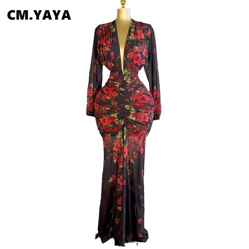 CMYAYA Women Full Sleeve Floral Print Vneck Elegant Long Dress Ruched Holiday Birthday Evening Sexy Party Dresses Vestidos 250609
