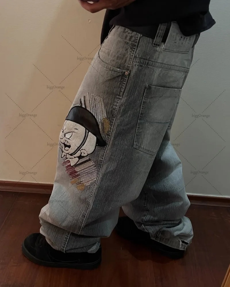 Washed High-waist Jeans Cartoon Embroidered Overszied Jeans Men Y2K American High Street Trendy Loose Floor Straight Pants 250617