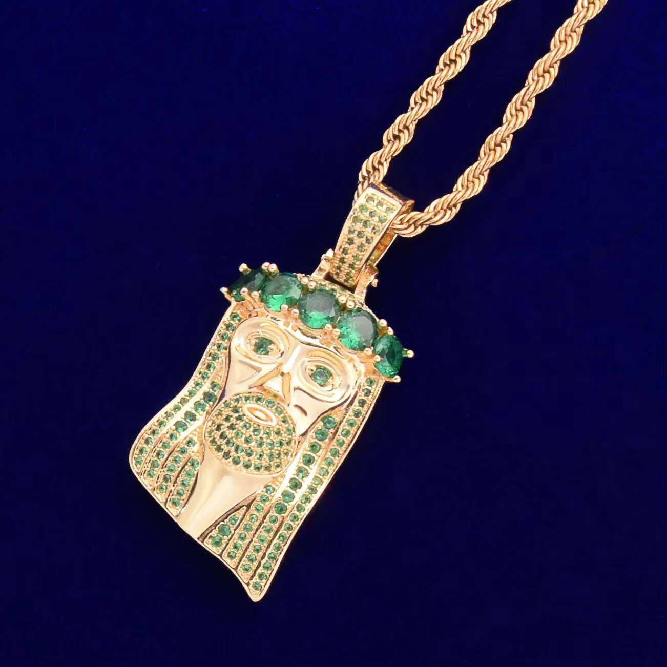 14k Gold Tone Huge Spooky Big Jesus Head Green Zircon Gem Crown Charm Jumbo Pendant Green Cubic Zirconia Necklace