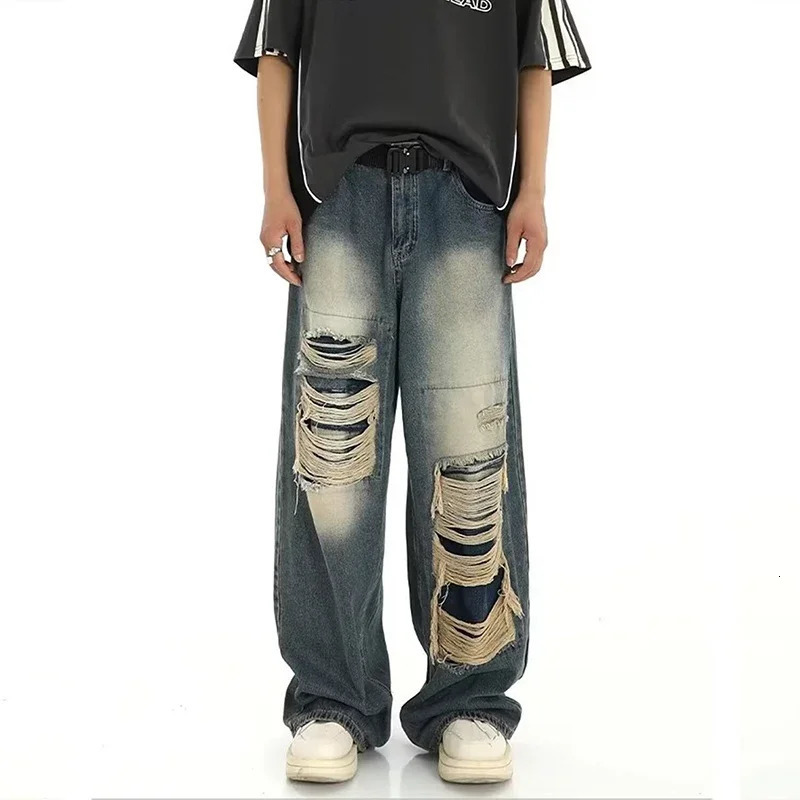 Hole Patchwork Baggy Jeans Man Pants American Vintage Straight Wide Leg Pants Hip Hop Street Punk Y2k Jeans Loose Denim Trousers 250617