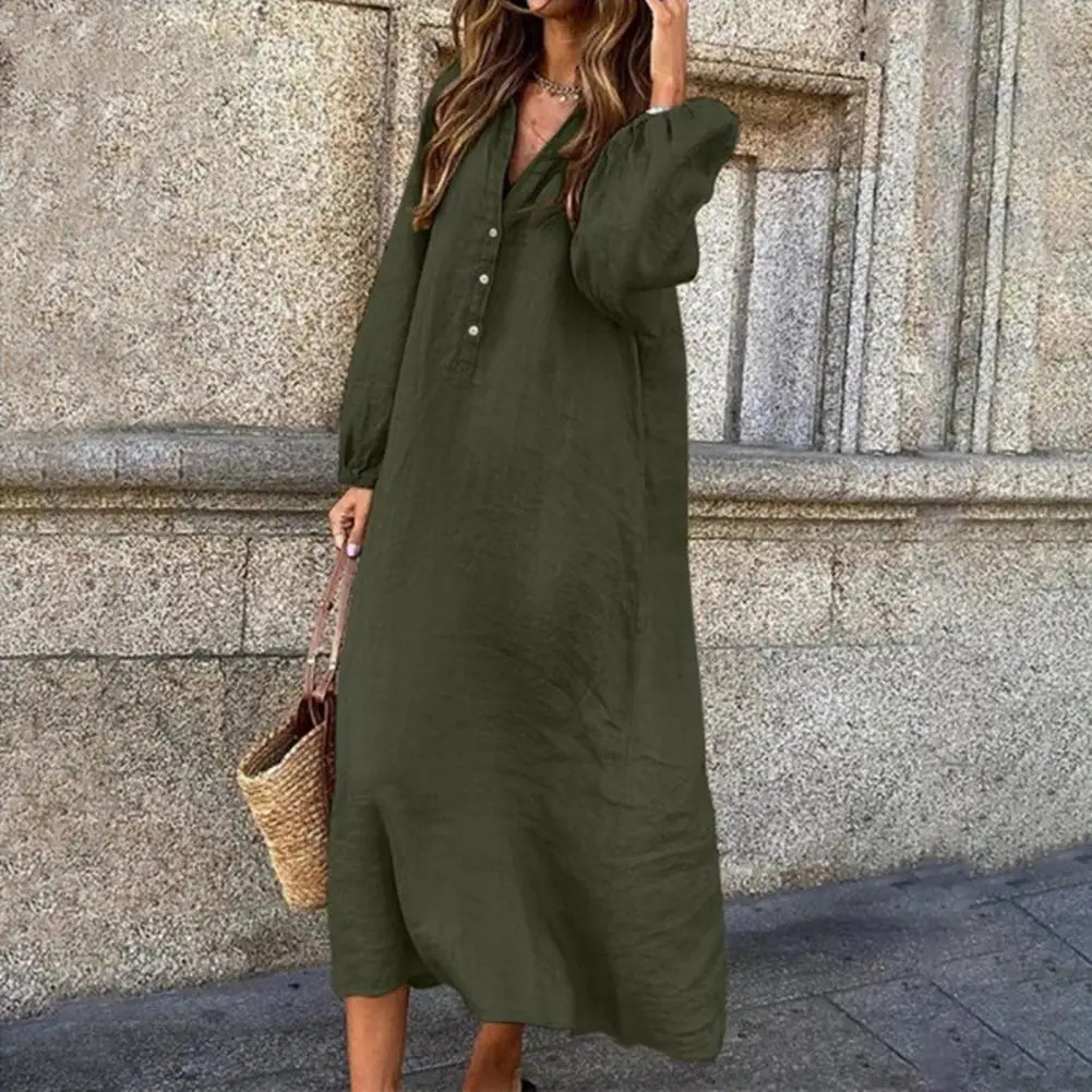 Stylish Button-breasted Dress for Women Elegant V-neck Cotton Linen Dress with Long Sleeves Button Decoration for Summer Ladies 250618