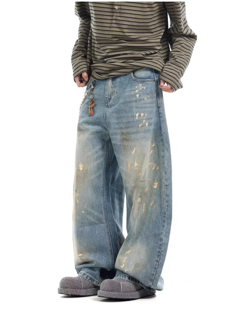 2025 Cyber Y2K Streetwear Paint Graffiti Blue Baggy Jeans Pants For Men 90S Vintage Clothes Distressed Wide Leg Denim Trousers 250617