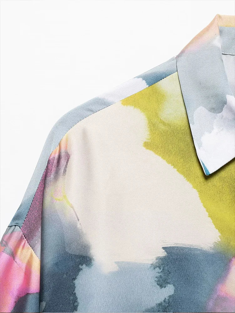 European and American style spring fashion womens clothing printed silk satin texture lapel casual longsleeved shirt 250617