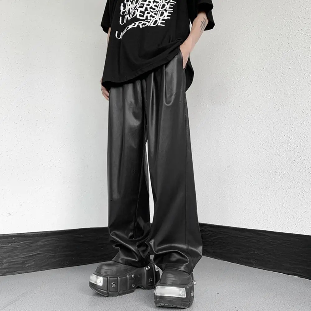 Men Straight Pants Drawstring Elastic Waist PU Leather Hip Hop Wide Leg Loose Streetwear Unisex Waterproof Long Trousers 250614
